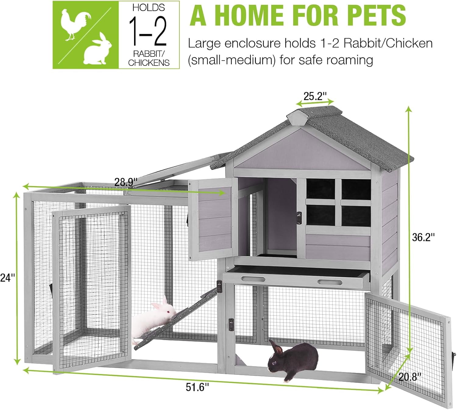 BUTINGLALE Rabbit Hutch Chicken Coop Expandable Indoor Bunny Cage Outdoor Guinea Pig Cage with Run 51.6" L