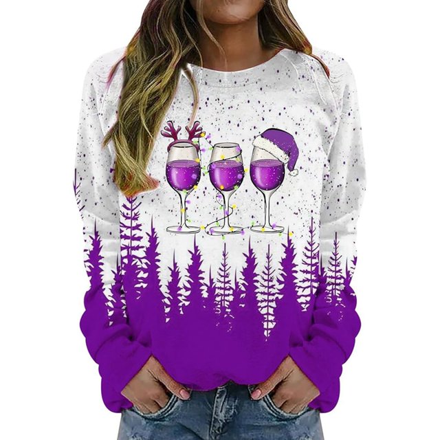 Gibobby Sudadera de Navidad para mujer Sudadera Retro informal de otoño e invierno para mujer, sudadera con estampado de copa de de Navidad, Top de manga larga(Morado,CH)