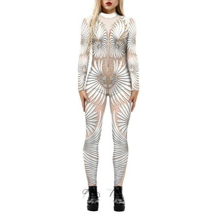 

Plus Size Jumpsuits For Women Skeleton Robot 3D Printing Bodysuit Zipper Back Full Body Bodysuit Romper Beige L