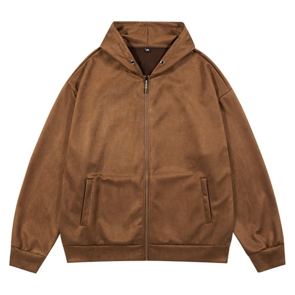 IYTR Men's Suede Jacket Full Zip Hooded Lightweight Outwear Black Suede Jacket Warm Winter Fall Outerwear Men Coffee XXL