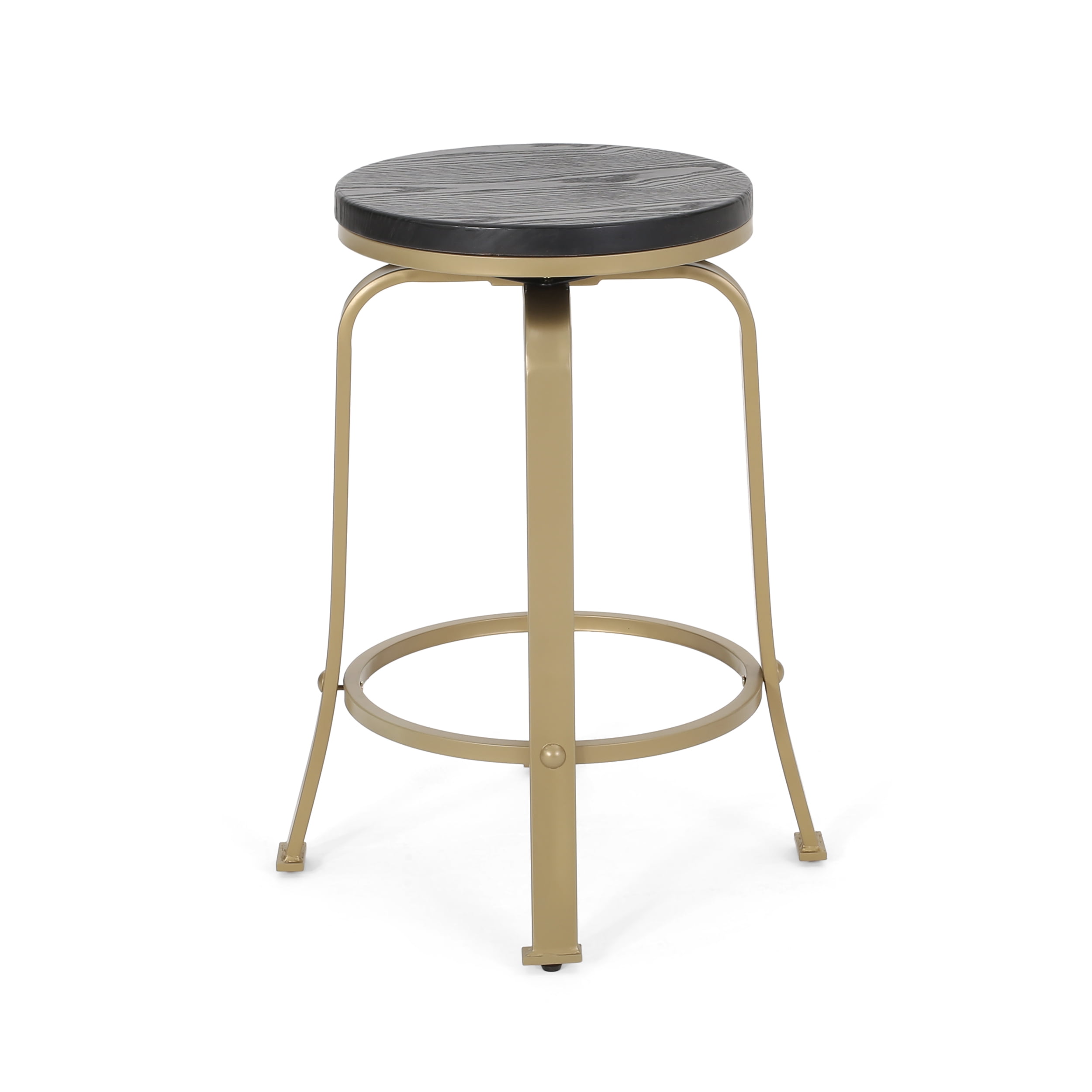 Noble House Salome Modern Industrial Faux Wood Overlay Swiveling Counter Stool, Set of 2, Black and Brass