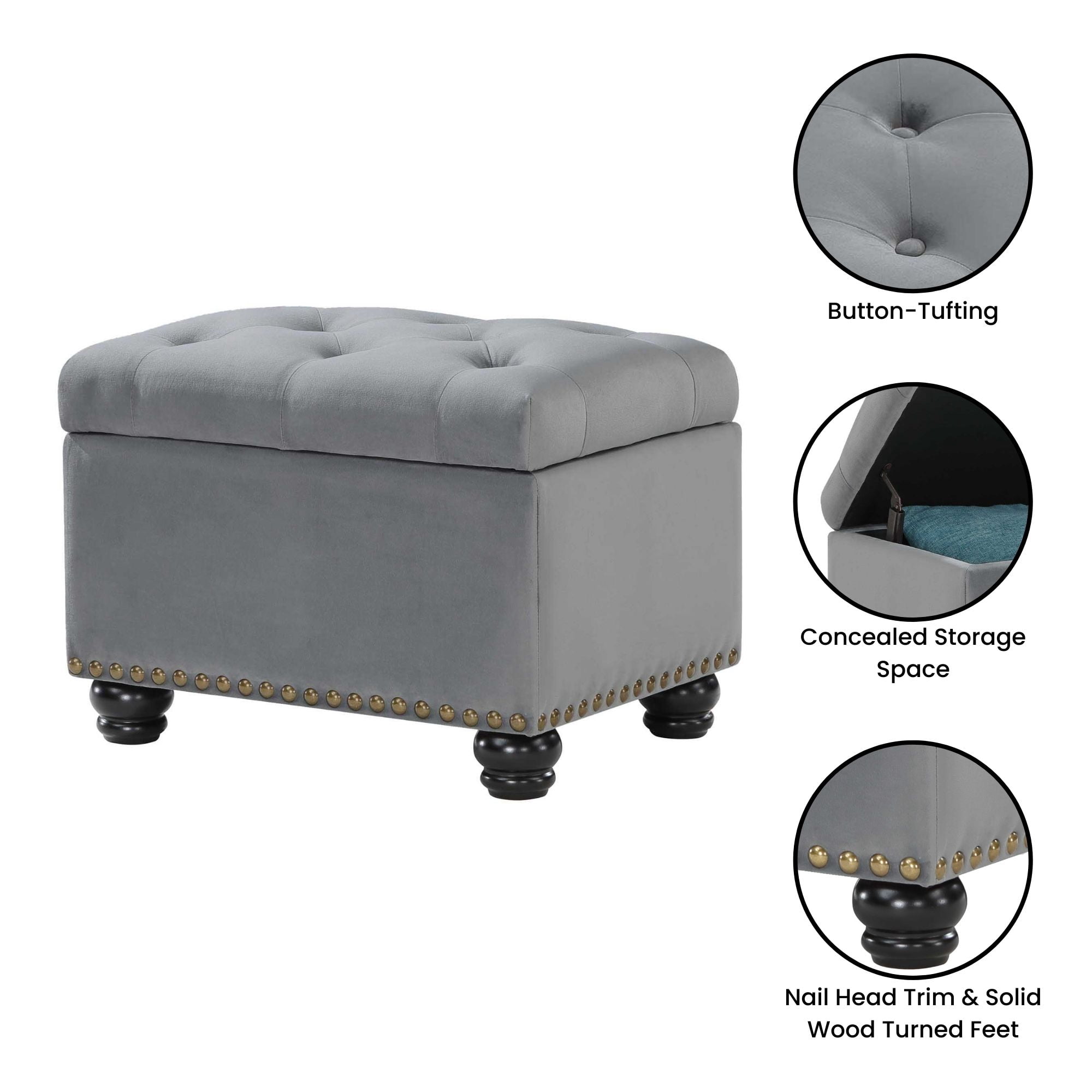 Convenience Concepts Designs4Comfort 5th Avenue Storage Ottoman, Gray Velvet