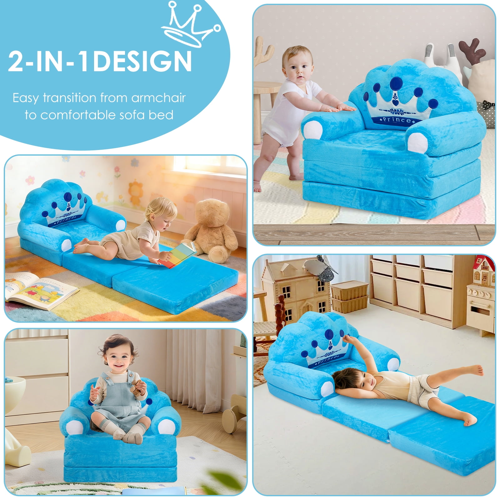 Dznils Toddler Sofa Chair, 2-in-1 Soft Foam Flip Open Kids Couch Lounger Comfy, Ages 1+, Blue Prince