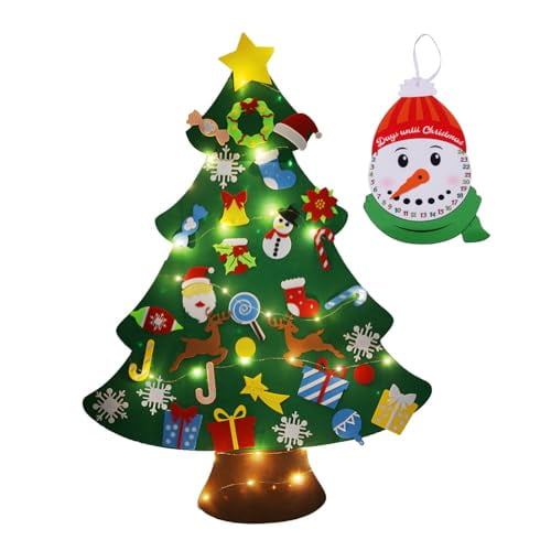 3ft DIY Felt Christmas Tree Set with 33Pcs Ornaments Kids Xmas Gifts New Year Door Wall Hanging with String Light