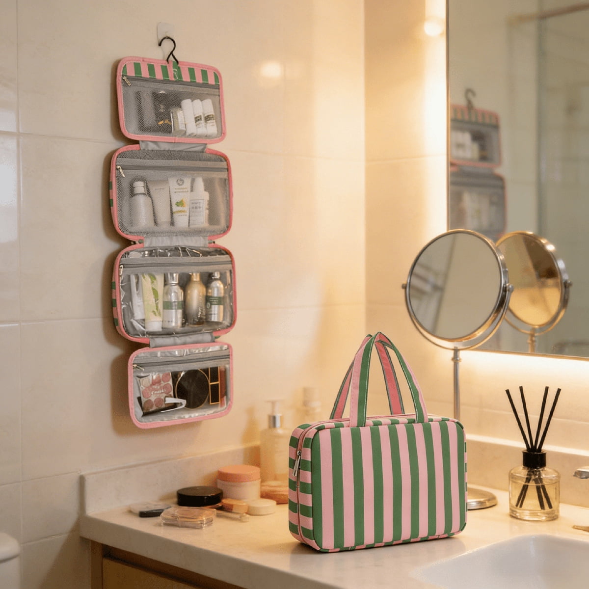 Foldable Hook Toileting Storage Bag, Waterproof Multi Compartment Handheld Skincare And Makeup Bag