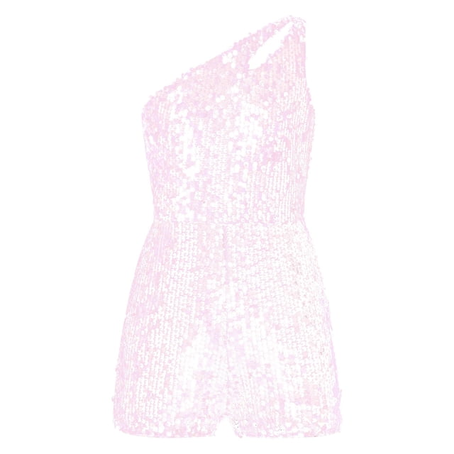 Linjinx Girls Shiny Sequin One Shoulder Rompers for Party and Dance One Piece Outfit Short Jumpsuit Pink 10