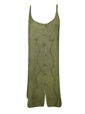 Mogul Women Tank Dress Green Solid Knee Length Summer Bohemian Dresses M
