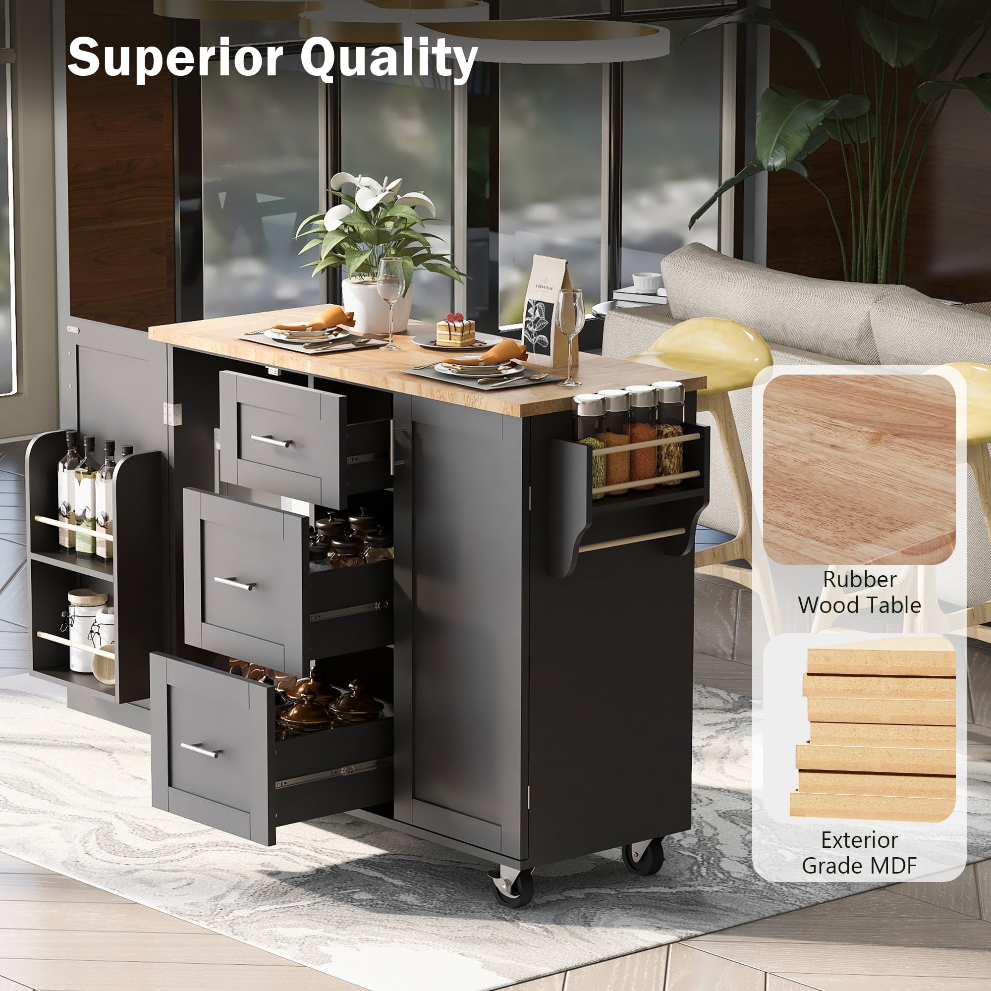 Aukfa Rolling Kitchen Island with Storage, Kitchen Cart W/3 Drawer & 2 Slide-Out Shelf,Black