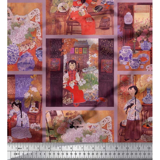 Soimoi Rayon Fabric Flower Vase,Cat & Girl Patchwork Decor Fabric Printed Yard 42 Inch Wide