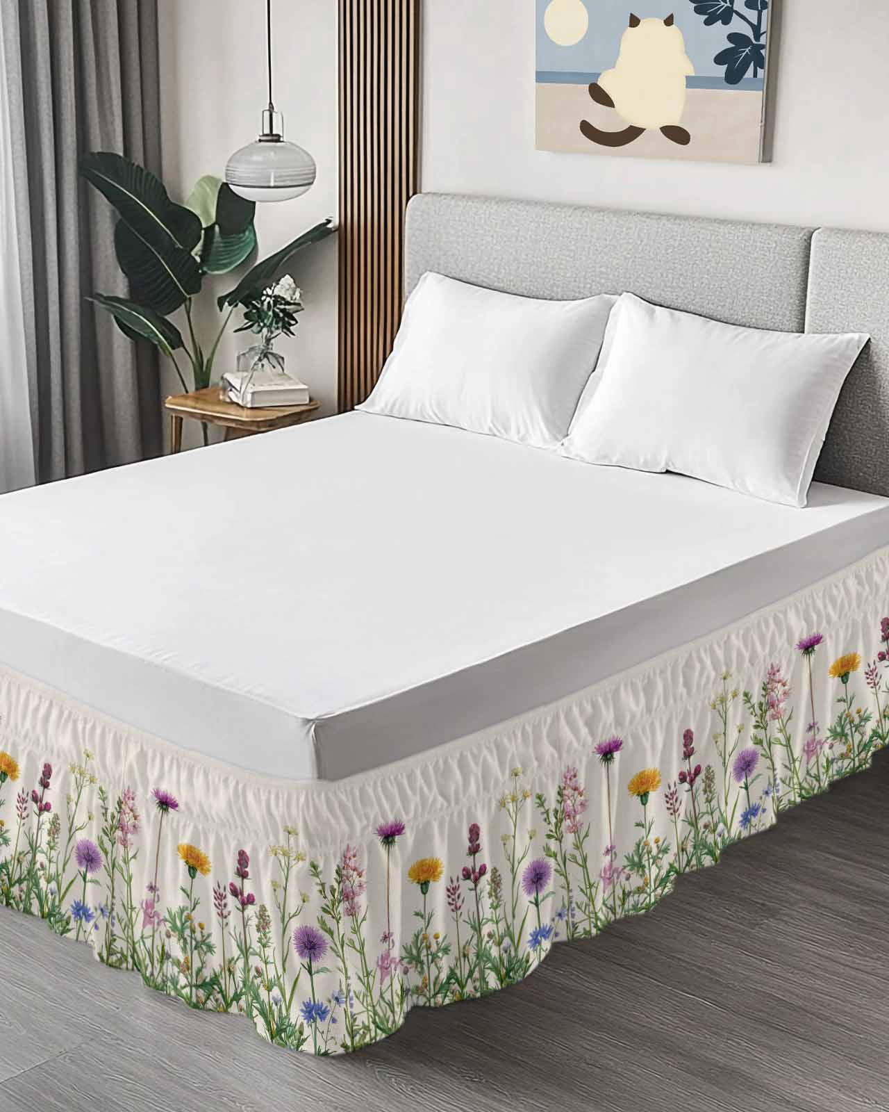 Spring Flowers Wrap Around Bed Skirts for Queen Bed 18" Drop, Bed Skirt with Adjustable Elastic Belt Dust Ruffle Bed Valance for Bedroom Hotel Luxury Wild Floral Herb Botanical Bed Frame Cover