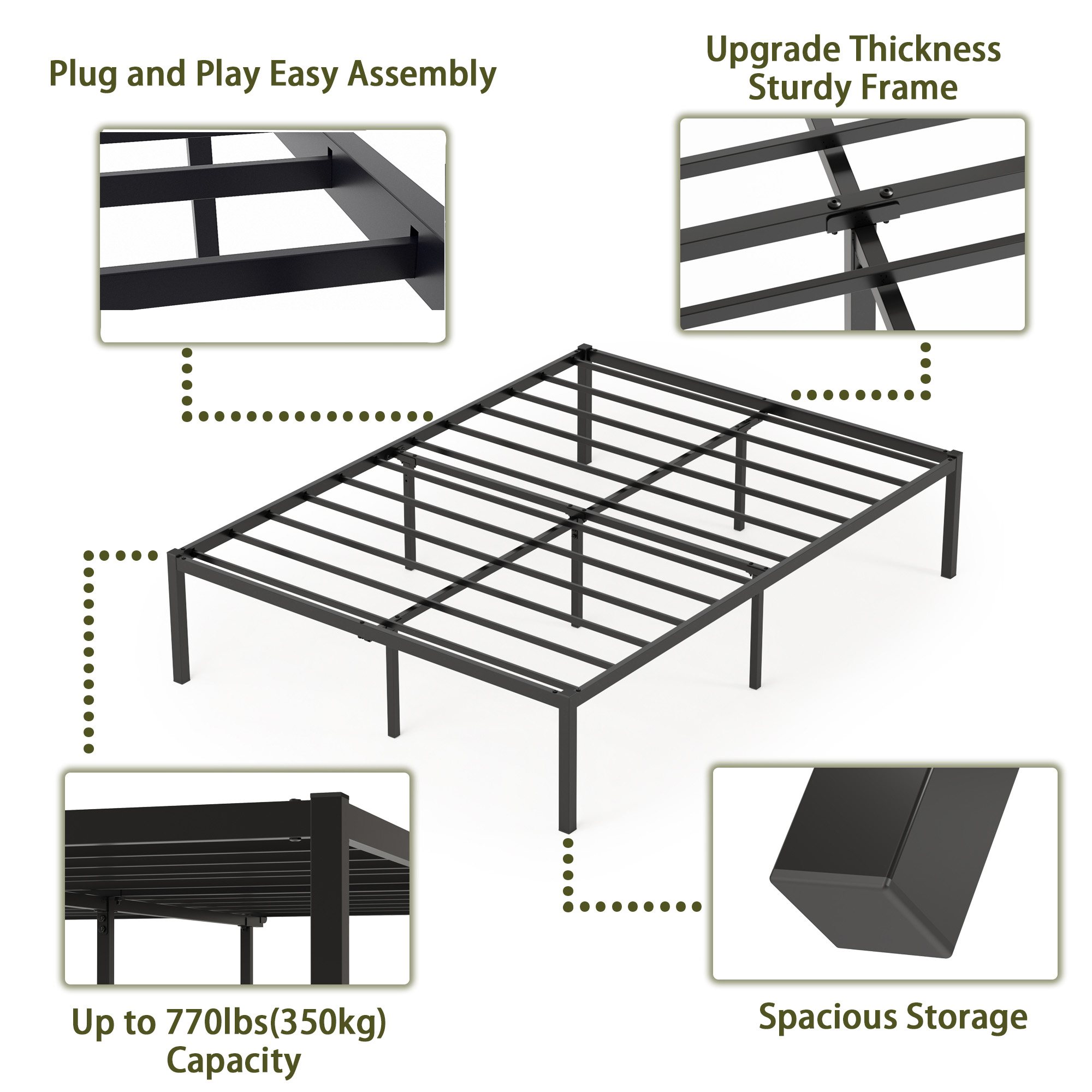 Yoneston 16 Inch Queen Metal Platform Bed Frame Reinforce Heavy Duty No ...