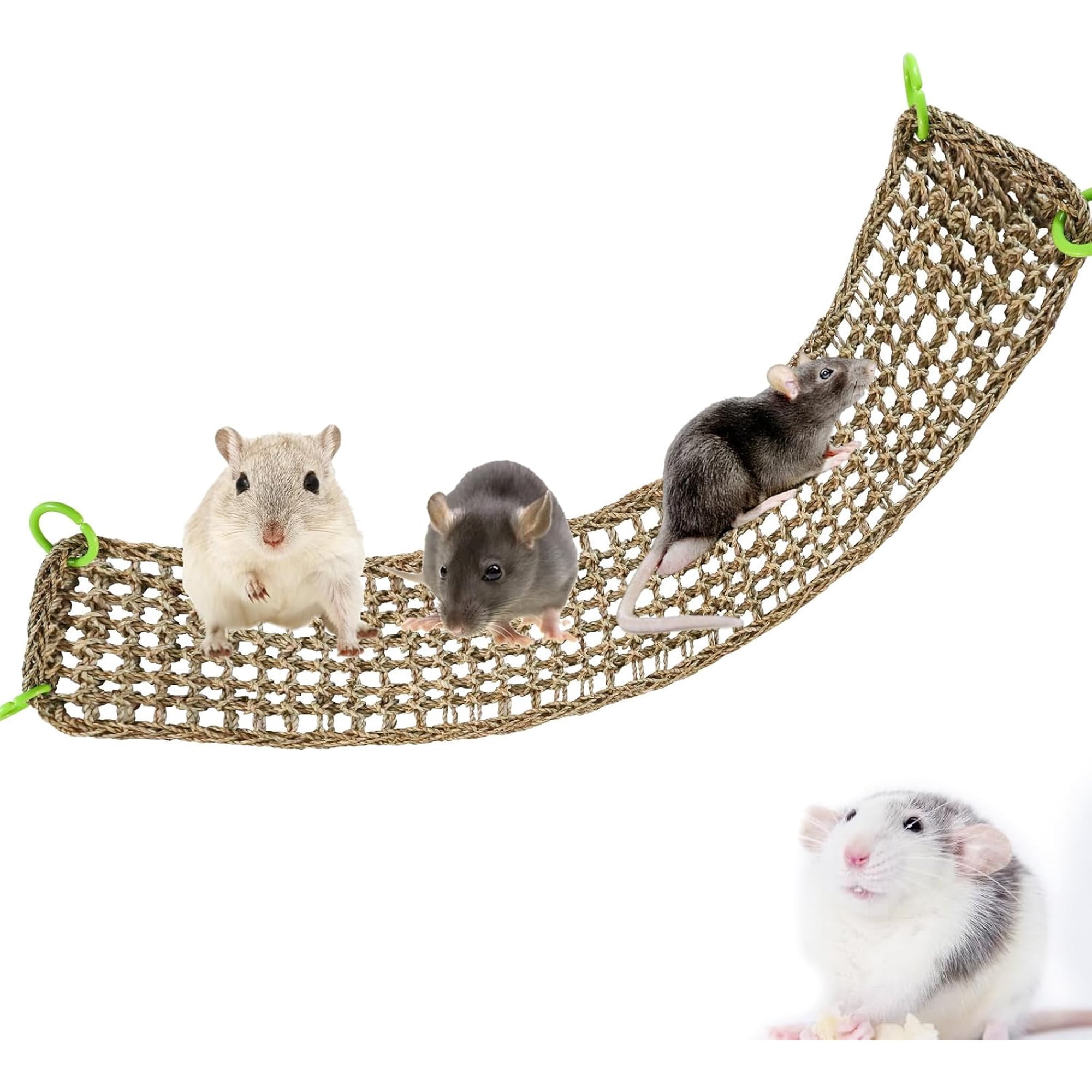 Rat Climbing Toys, 29 x 7.5 inch Small Animals Seagrass Mat Toy, Cat Climbing Toys, Natural Seagrass Woven Net Hammock with Hooks, Cage Accessories for Hamster Guinea Pig Parrot Parakeets Cockatiels