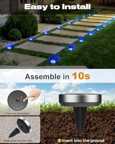 Solar Lights Outdoor Waterproof, 16 Pack Solar Lights Outdoor, 8 Led Solar Ground Lights Ip65 Waterproof Flat Solar Disc Light, Pathway Lights for Garden Lawn Patio Yard Path Landscape, Blue