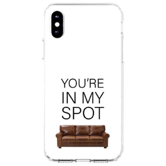 DistinctInk Clear Shockproof Hybrid Case for iPhone XS Max (6.5" Screen) - TPU Bumper, Acrylic Back, Tempered Glass Screen Protector - Brown Couch "You're in My Spot"