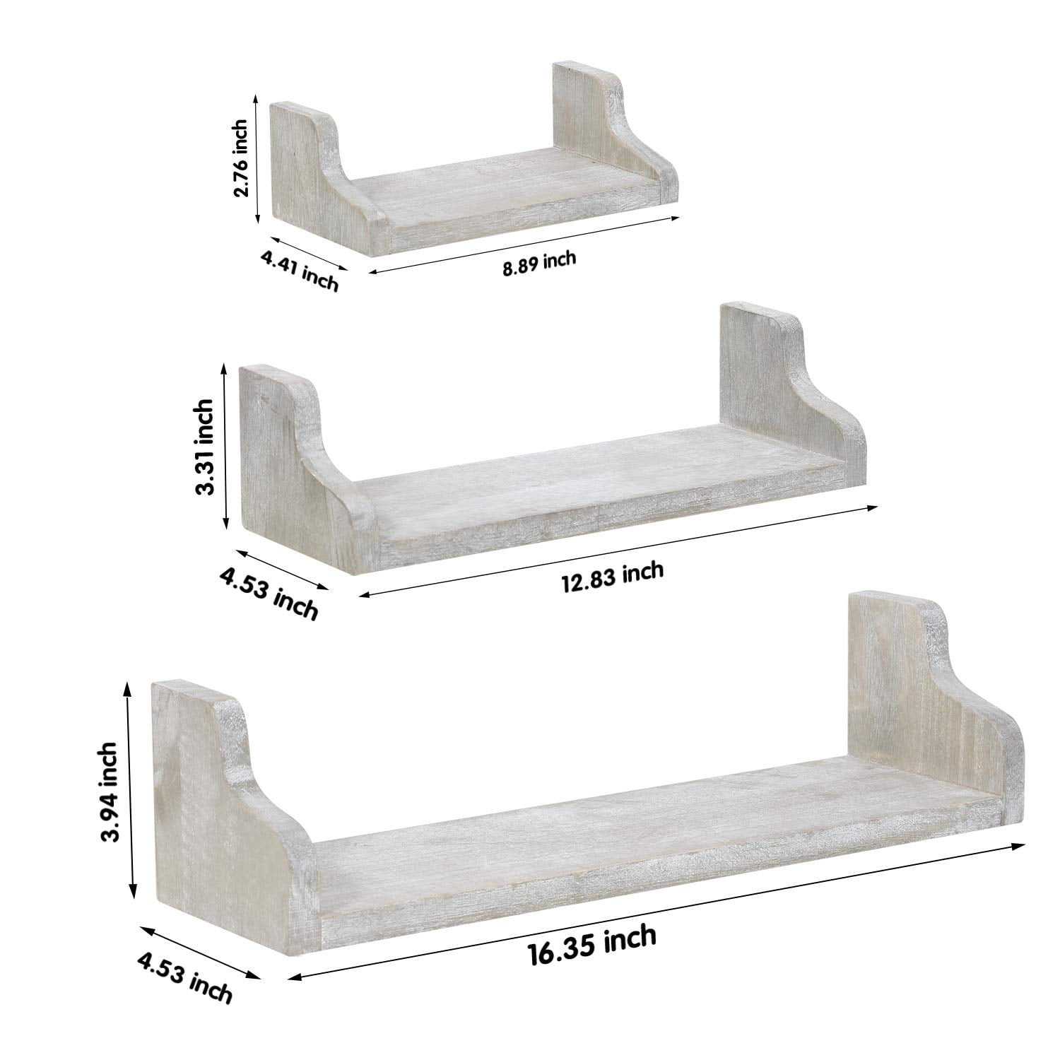 Wall-Mounted Floating Wall Shelves with Metal Brackets, Set of 3 - Rustic Gray
