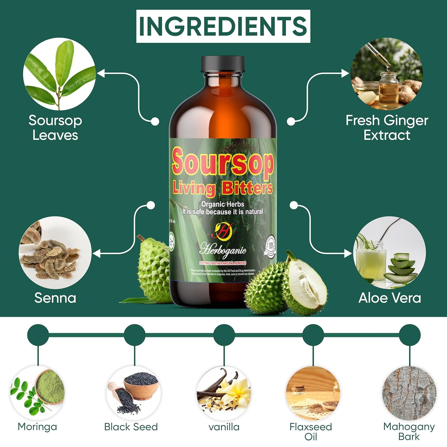 Herboganic Soursop Living Bitters - Natural 16 Ounces