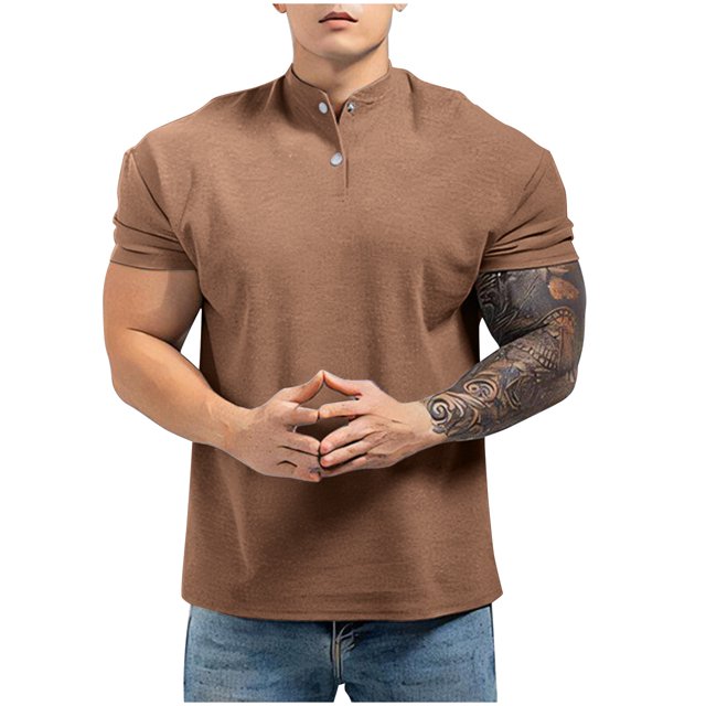 Blusa y camisa de manga corta con cuello alto para hombre, camiseta de color liso con cuello alto, camisa deportiva e informal de manga corta para hombre.