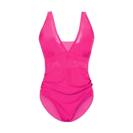 Bathing Suit for Women V-Neck Tummy Control One Piece Ladies Summer Beach Fashion Split Leaf Flower Print Large Swimsuit Swim Suits Trendy 2025 Hot Pink