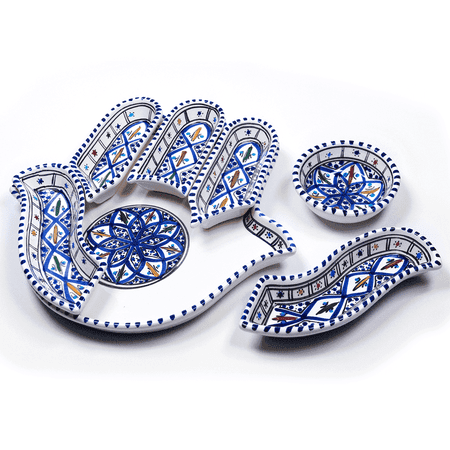 Kamsah Ceramic Hand Set and Serving Tray, Handcrafted Hamsa, Blue, Large