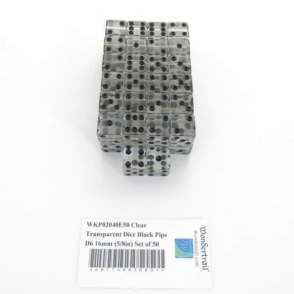 Clear Transparent Dice with Black Pips Square Corners D6 16mm (5/8in) Set of 50 Wondertrail