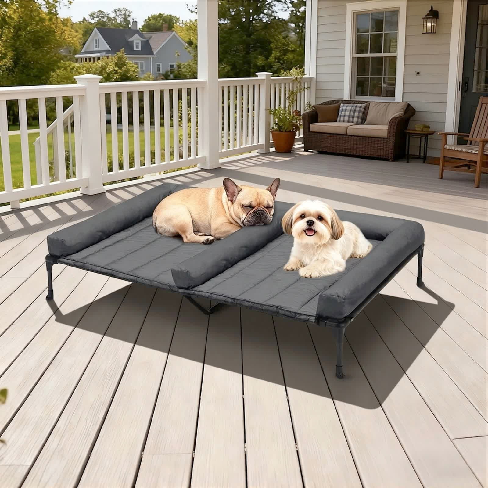 Veehoo Cooling Raised Dog Bed + Removable Double Dog Bed Cushion, 49" x 33", Black Silver