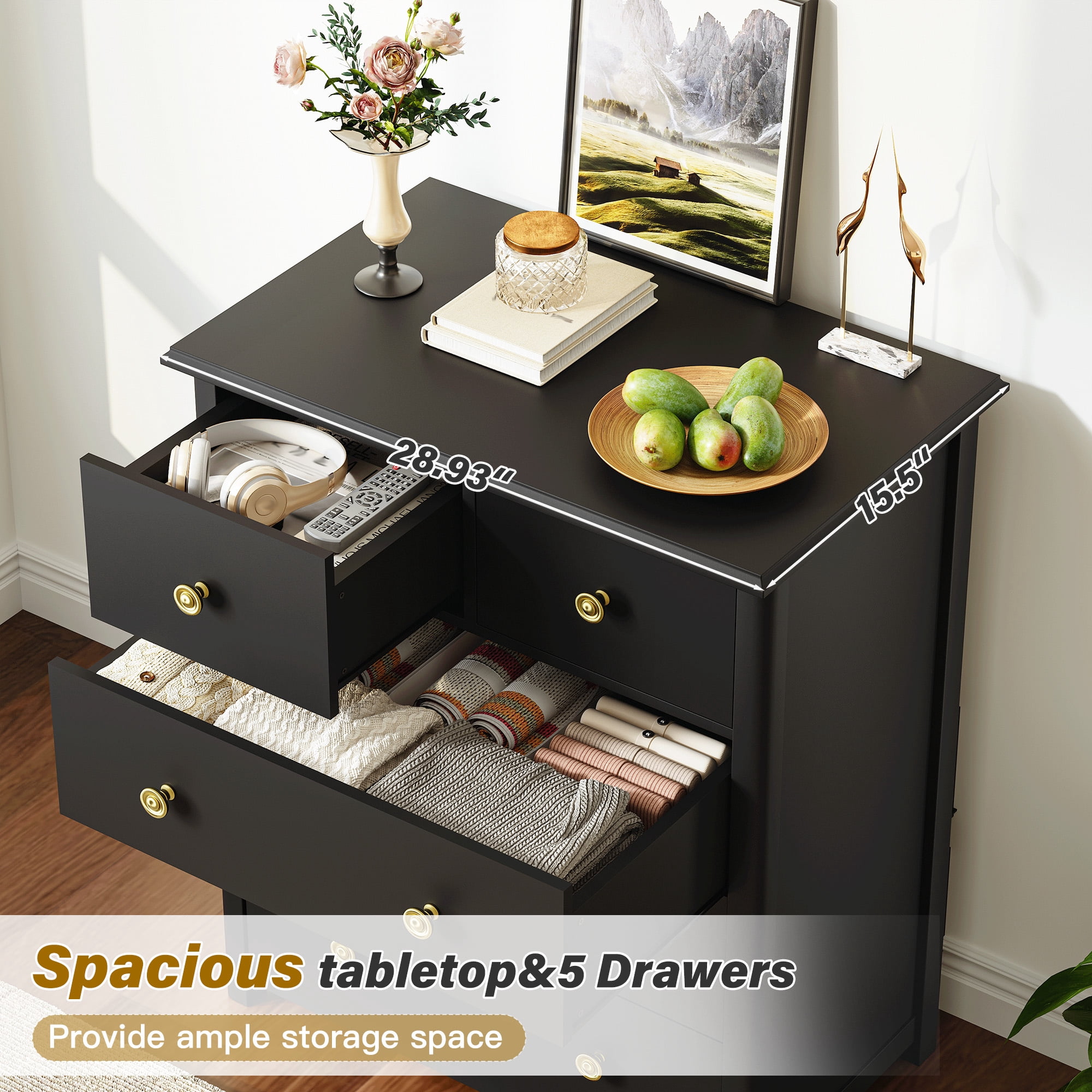 5-Drawer Wood Dresser for Bedroom,Tall Chest of Drawers Storage Cabinet for Living Room,Hallway, Office,Black