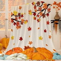 Seasonal Themed Throw Blanket with Fall Pumpkin Maple Leaf Design, Soft Flannel Fleece for Sofa Couch Lounging and Camping(A)