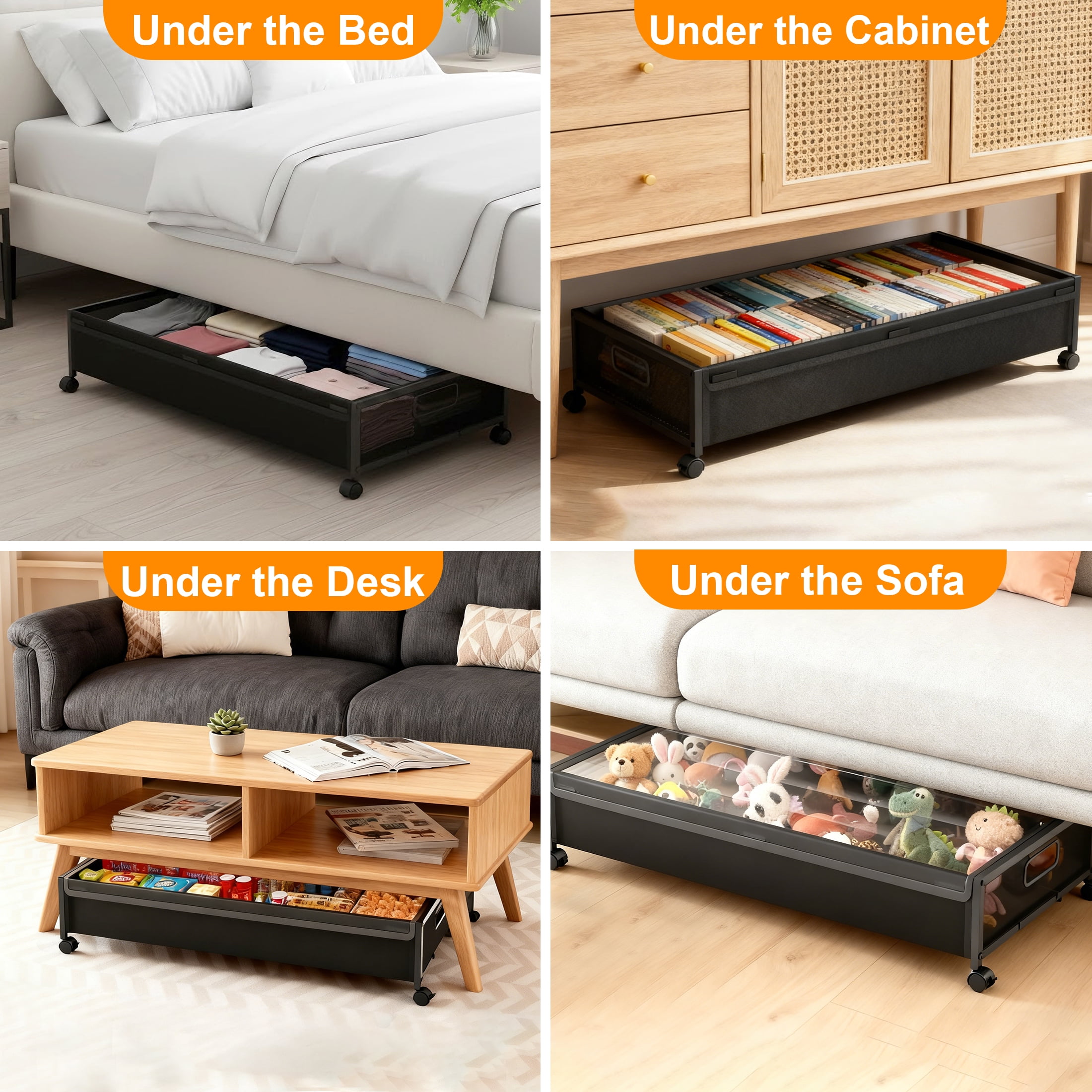 GARITIN Under Bed Storage Containers with Wheels, 2 Pack Underbed Shoe Storage Organizer with Clear Lids, Rolling Under Bed Metal Drawers for Clothes, Blankets, Black