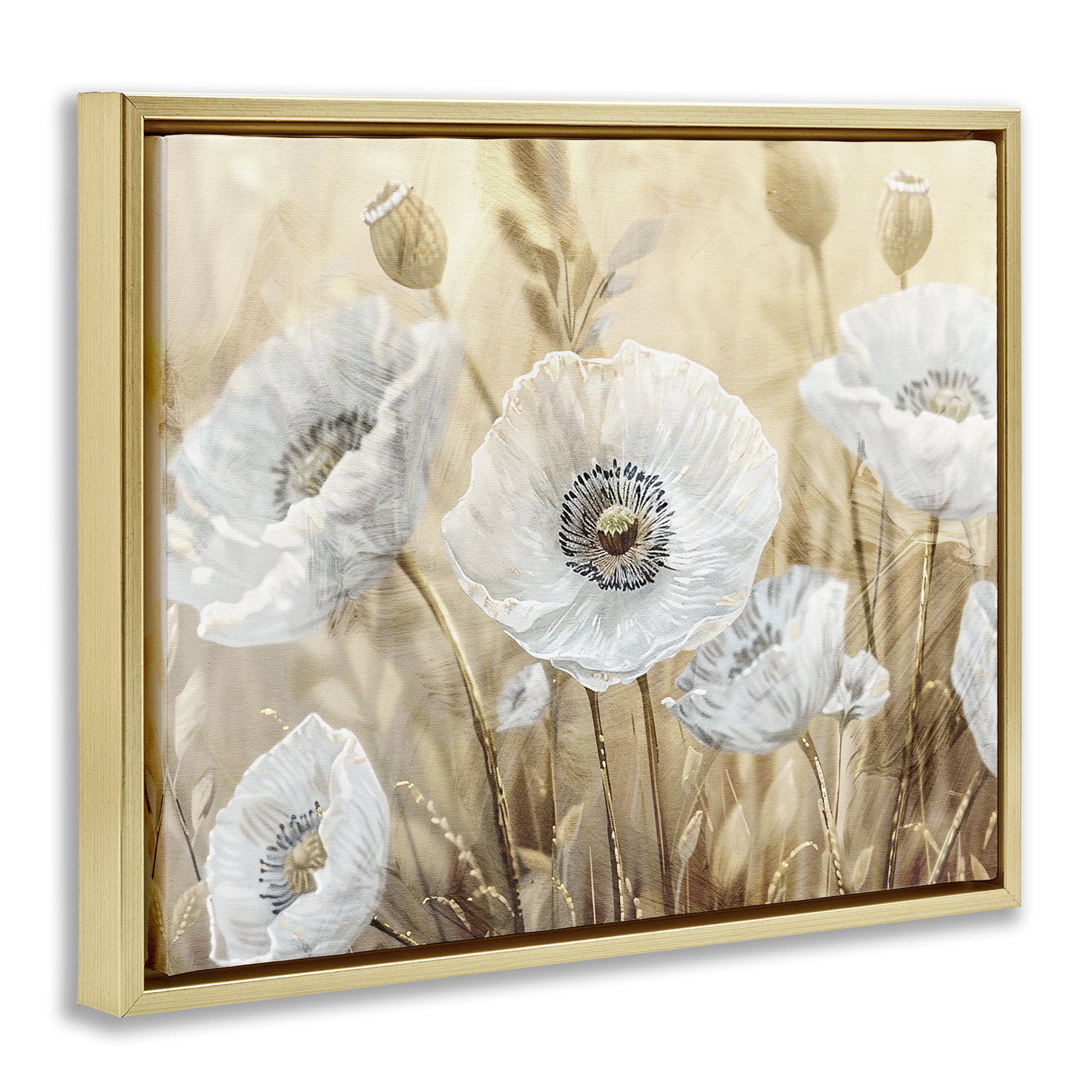 Stupell Industries White Poppies Beige Field Gold Framed Floater Canvas Wall Art, design by Kim Allen
