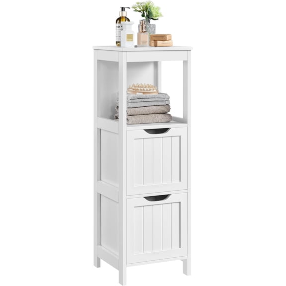 Bathroom Floor Cabinet, Wooden Storage Cabinet with 2 Drawers, Multifunctional Side Organizer Rack Stand Table, White
