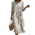 thumbnail image 2 of Ayolanni Fall Dresses for Women 3/4 Sleeve Floral Crew Neck A-Line Maxi Dress Holiday Pleated Boho Flowy Long Dress Gray XXXXXL, 2 of 6