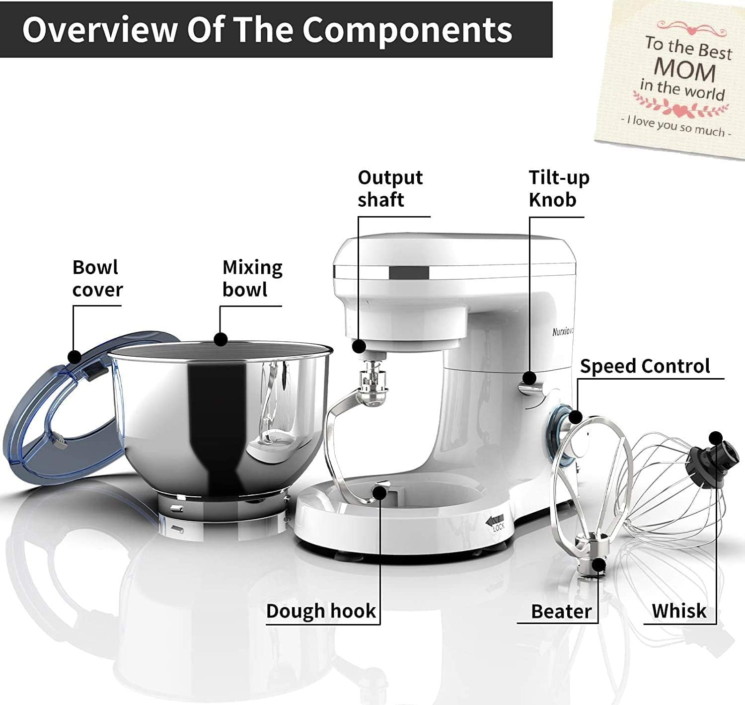 Nurxiovo 6-Speed Electric Mixer 7QT Stand Mixer Kitchen Tilt