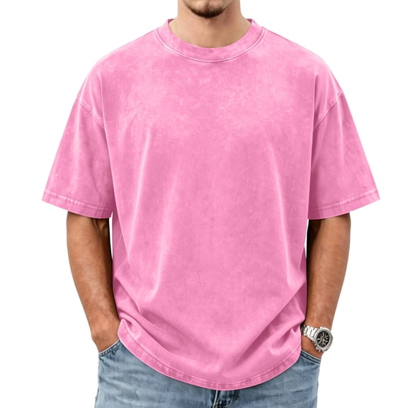 Dresfit Mens Big and Tall Shirt Short Sleeve Acid Wash Work Out Streetwear 2026 Summer Crew Neck Baggy Relaxed Fit Athletic T Shirts Loose Fit Retro Tees Hot Pink L