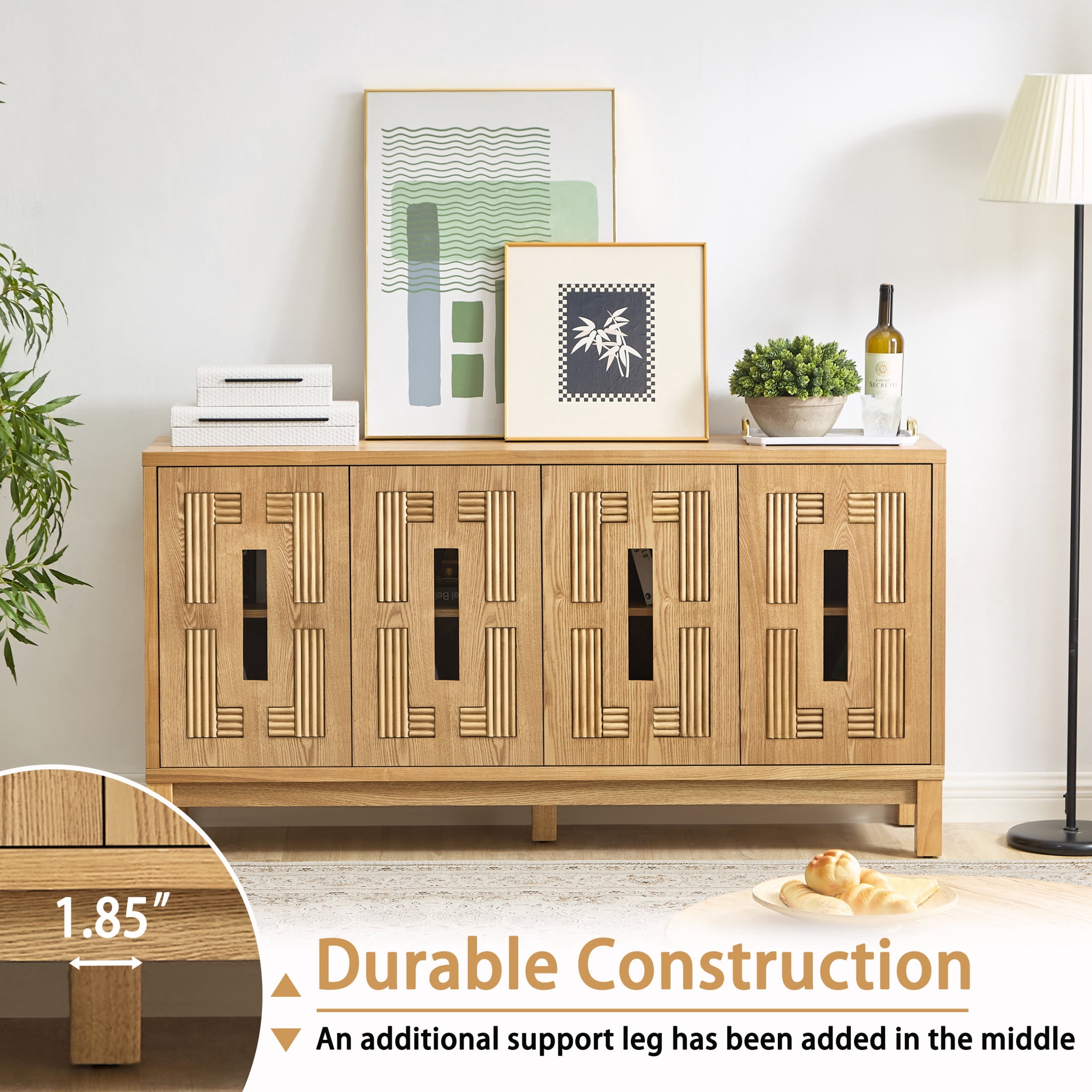 GDF Studio 60.7" Mid Century Modern Sideboard Cabinet with Doors, Adjustable Shelves, Carved Openwork, Natural