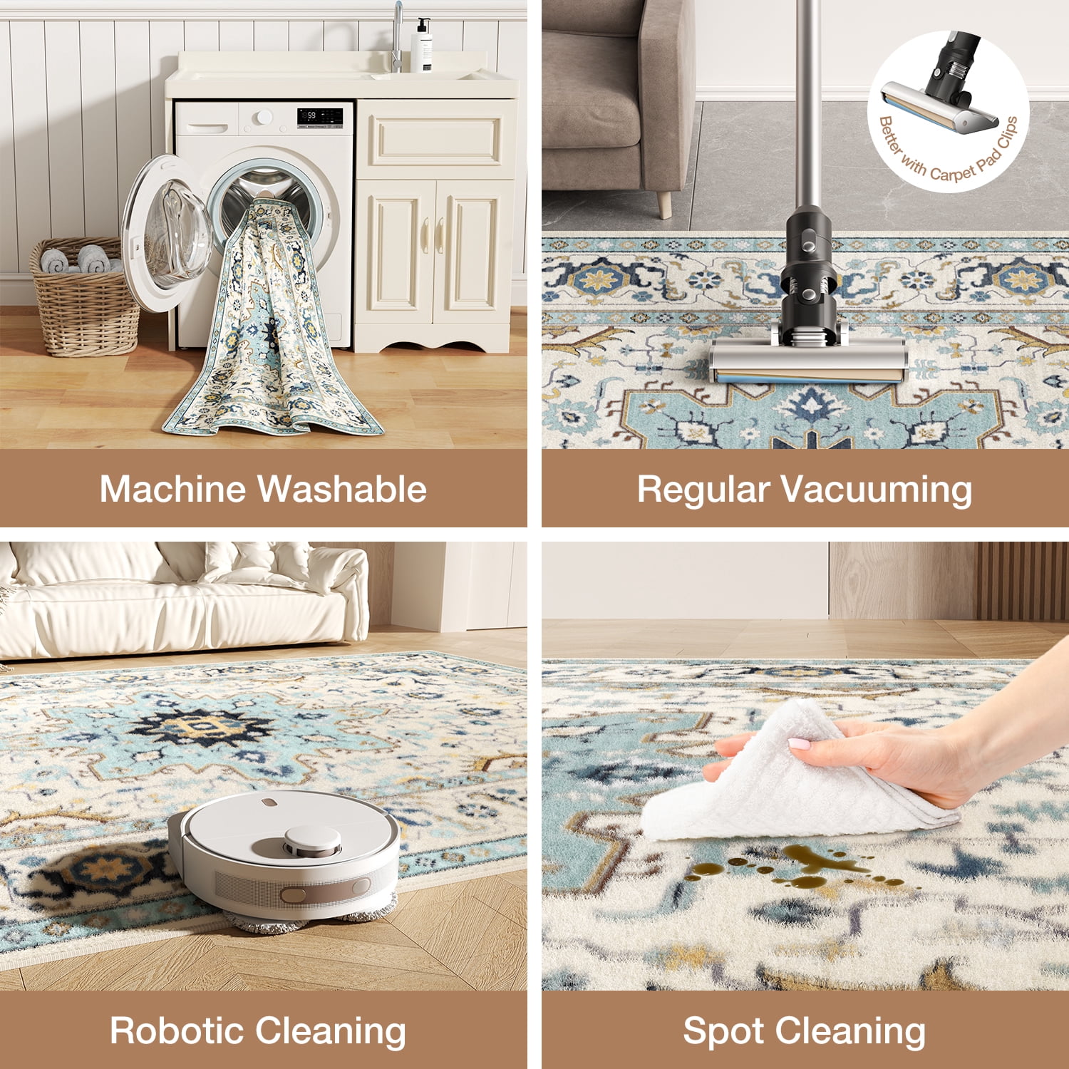 Washable Area Rug for Living Room, NovDeco 5'x7' Non-Slip Vintage Persian Light Blue Indoor Rug, Low Pile Stain Resistant Carpet for Bedroom Nursery
