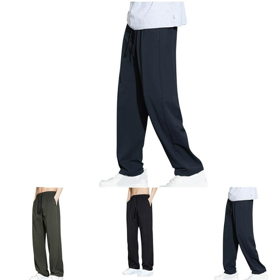 RYDCOT Mens Casual Breathable Ice Silk Pants Loose Fit Elastic Drawstring Waist Straight-Legs Summer Yoga Beach Long Pants Blue