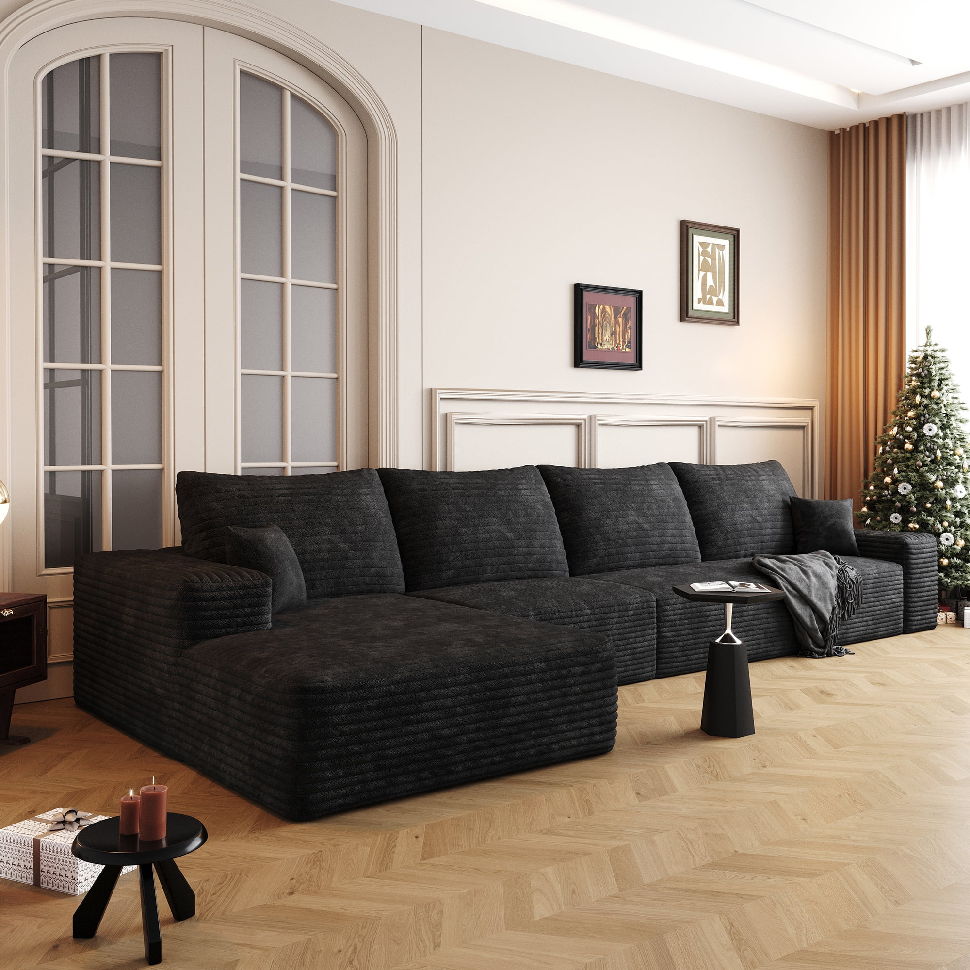 MAYEERTY 135" Cloud Sectional Couch Modern Modular Sofa for Living Room No Assembly Required, BLACK
