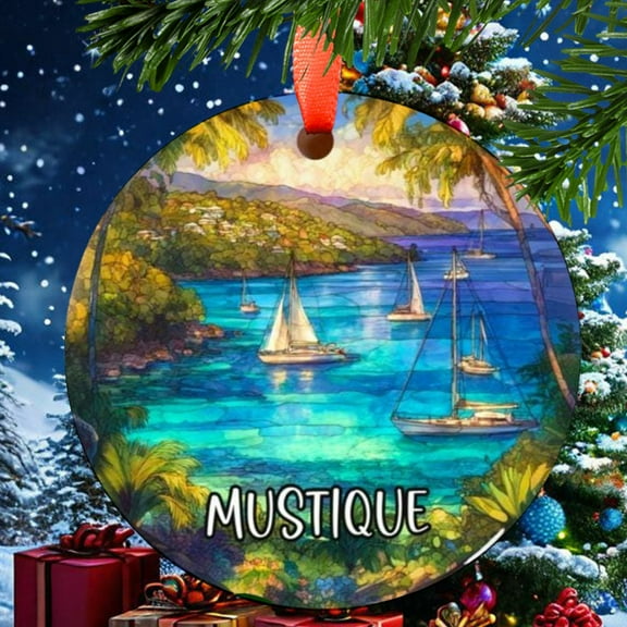 Mustique Christmas Ornament, Ceramic, Acrylic - Pacific Islands Travel Souvenir, Holiday Tree Decoration, Vacation Keepsake 2025, Gift for Explorers, Commemorative