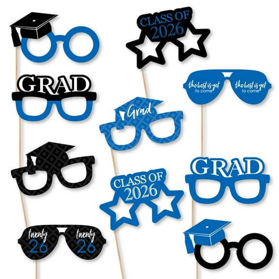 Big Dot of Happiness 2026 Blue Graduation Glasses - Paper Card Stock Party Photo Booth Props Kit - 10 Count