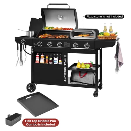 Royal Gourmet ZH3004H Premium Gas Grill and Pizza Oven Combo with Side Burner, 59,000 BTU, Two Swivel Wheels with Brakes, Perfect for Patio and Outdoor Parties, Black