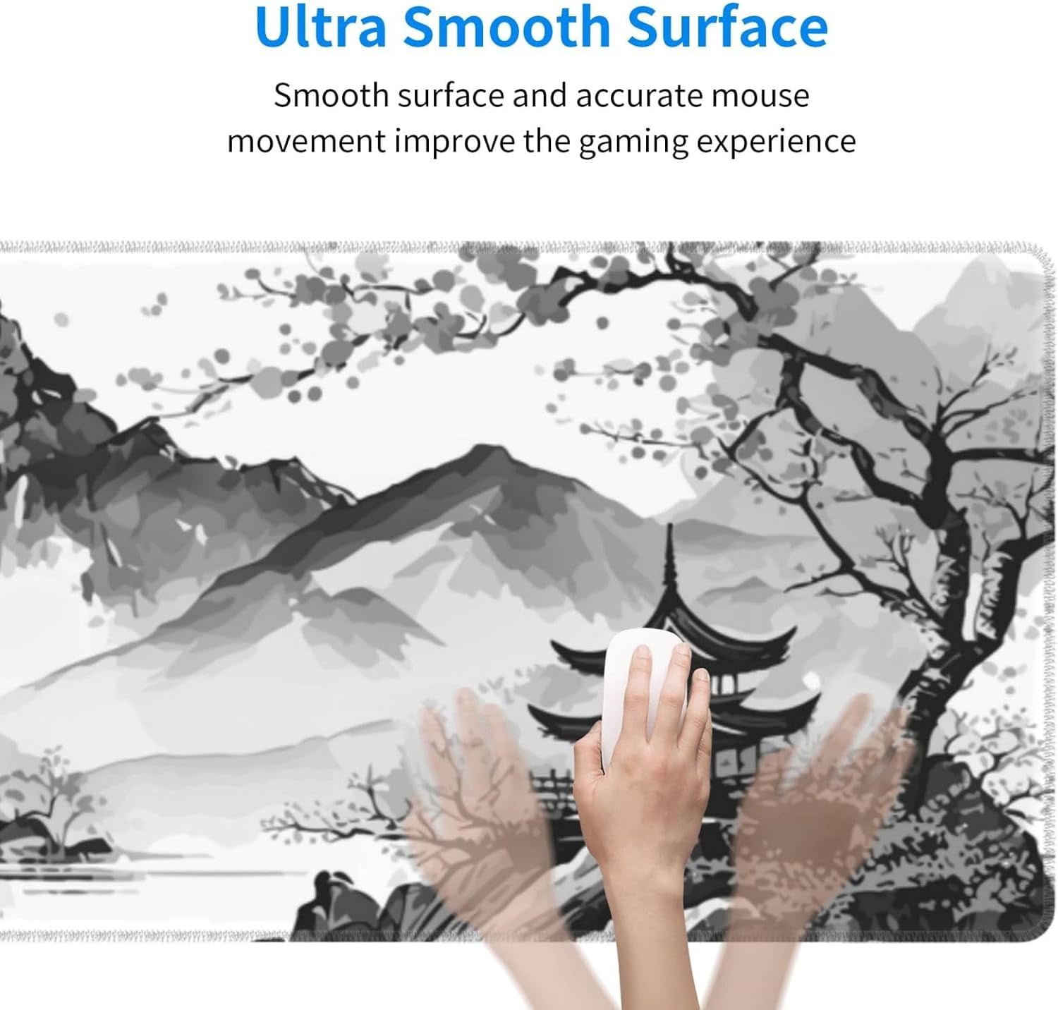 Japanese Cherry Blossom Gaming Mouse Pad XL 31.5×11.8 Inch Black White Watercolor Floral Mountain Extended Mousepad 30X80cm Non-Slip Rubber Base Stitched Edge Large Desk Pad for Gamer Office Home