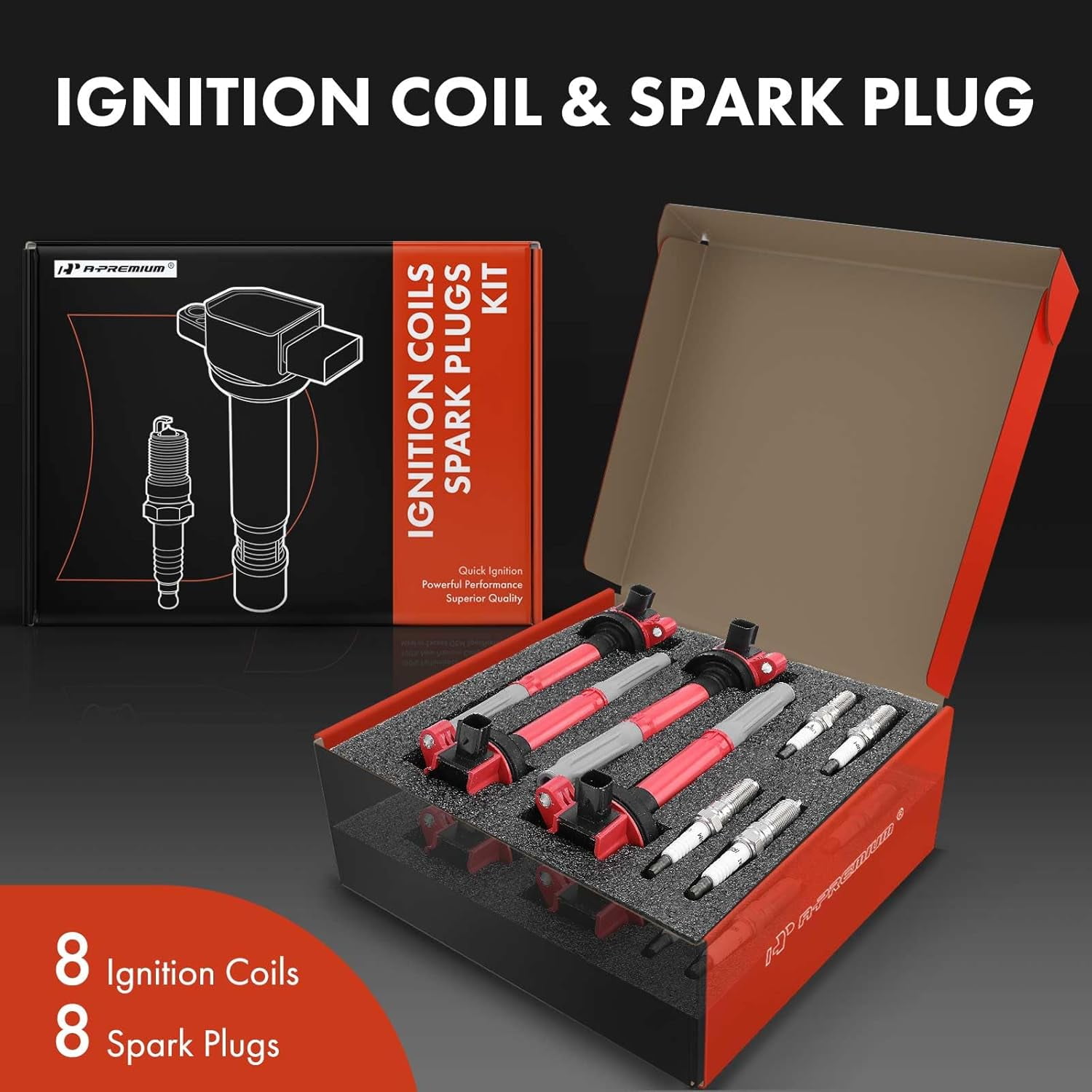 A-Premium (Red) Ignition Coils and Spark Plugs Kits Compatible with Ford F-150 2011-2016, Mustang 2011-2015, 5.0L 8-PC Set