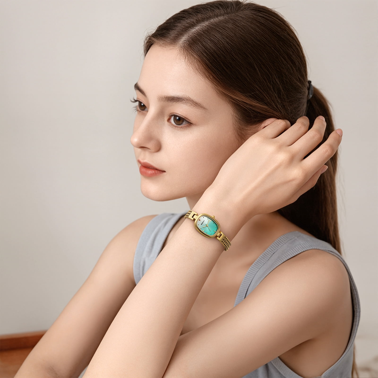 BERNY Small Gold Watches for Women, Dainty Oval Analog Quartz Bracelet Watch, Stainless Steel, Waterproof, Minimalist Luxury Ladies Watches Gifts (Light Blue)