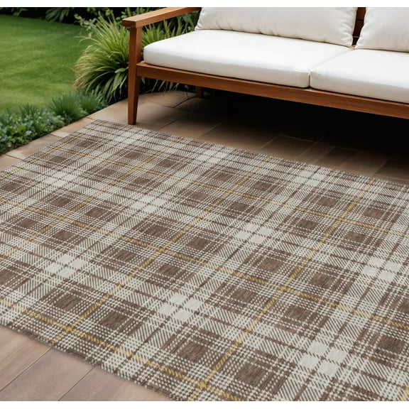 8' X 10' Brown Beige And Gold Plaid Washable Indoor Outdoor Area Rug