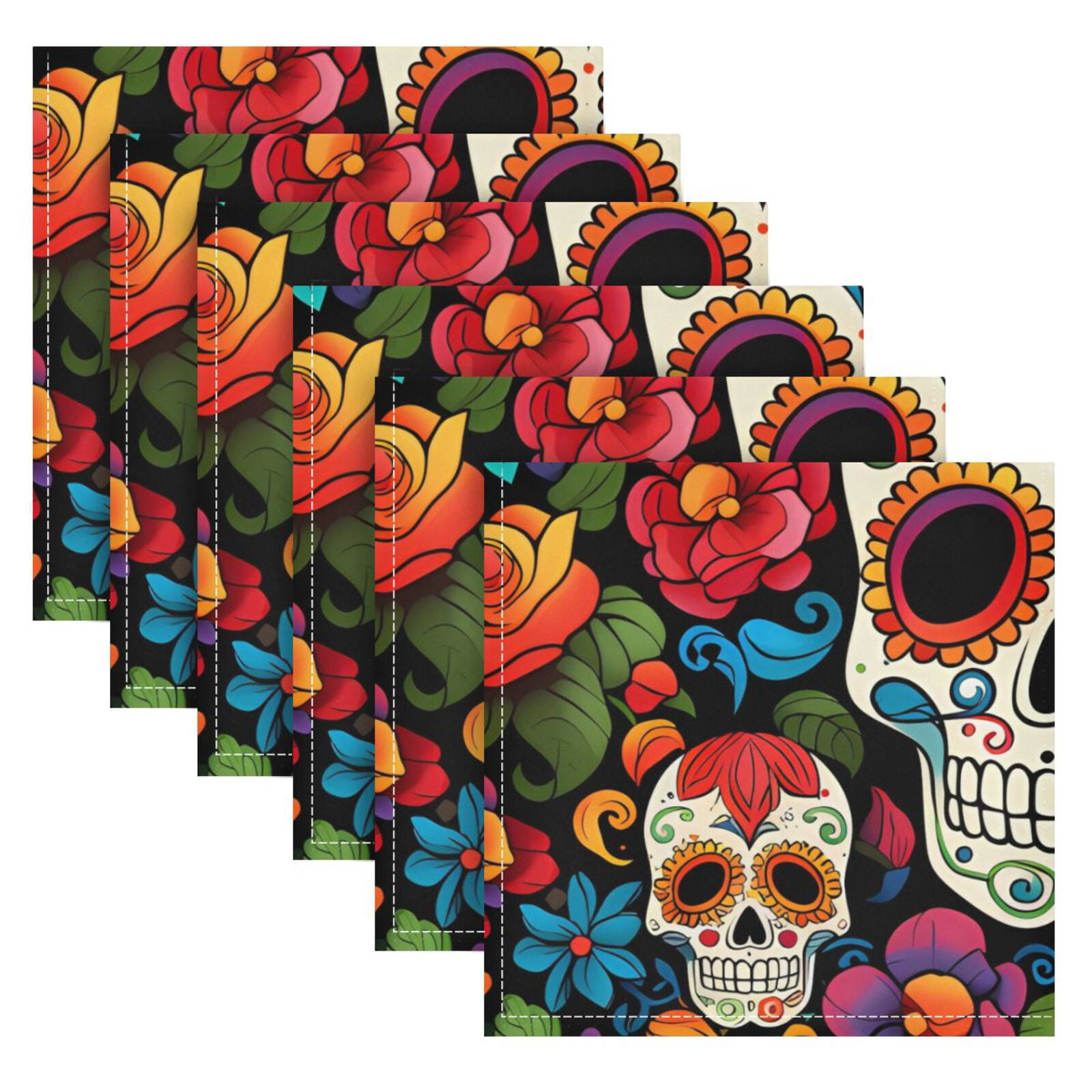 JSTEL Sugar Skull Floral Day Of Dead Cloth Napkins Set of 6, 20x20 Inch Washable and Reusable Napkin for Decoupage Dinner Party Everyday Use