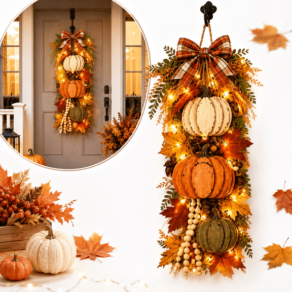 Lighted Wooden Pumpkin Door Hanger with Warm LED Lights, Rustic Fall Pumpkin Hanging Swag with Bow and Maple Leaf Accents, White or Orange Thanksgiving Porch Decor