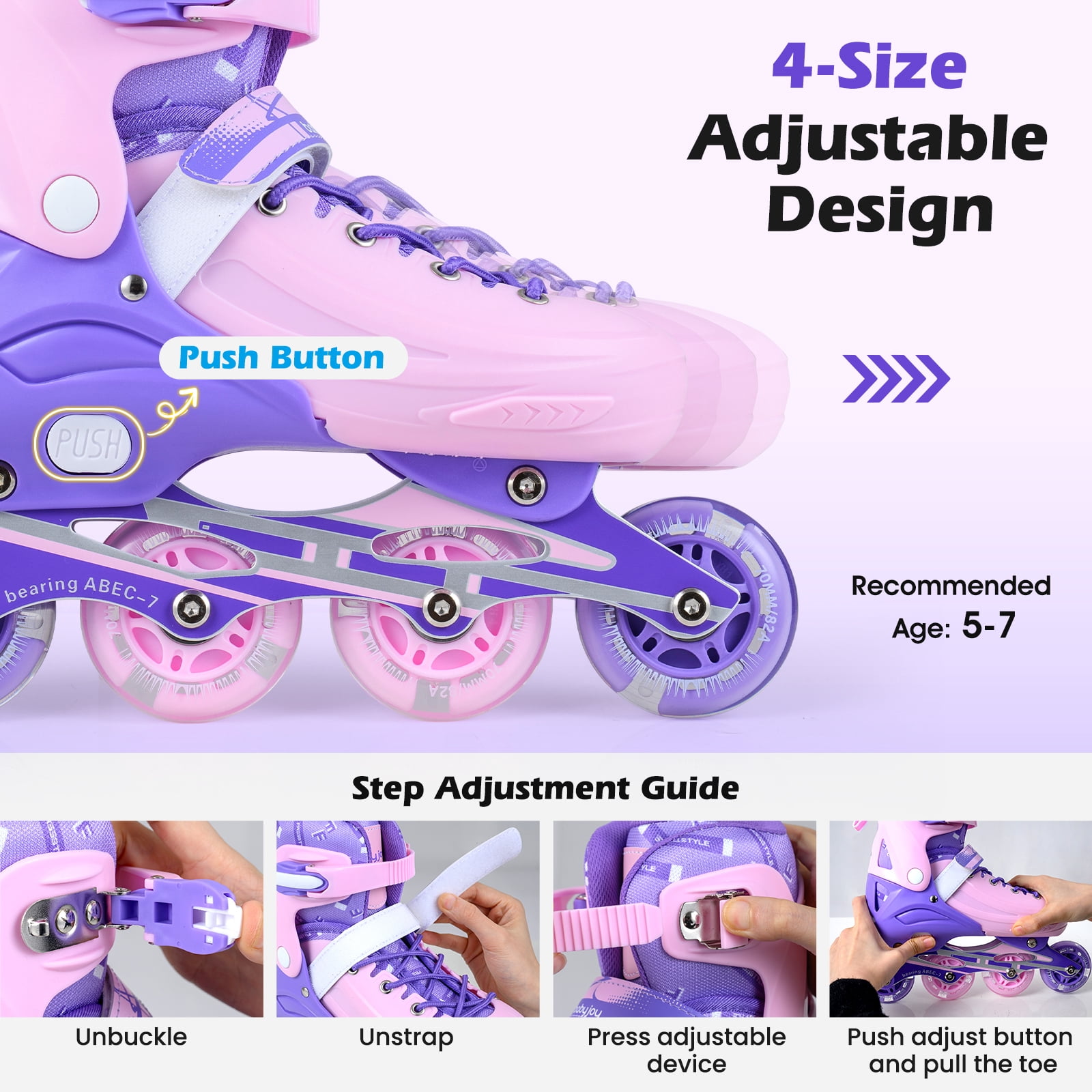 Babyjoy 4-Size Adjustable Light-Up Roller Skates with Illuminating Wheels & Safety Support Purple