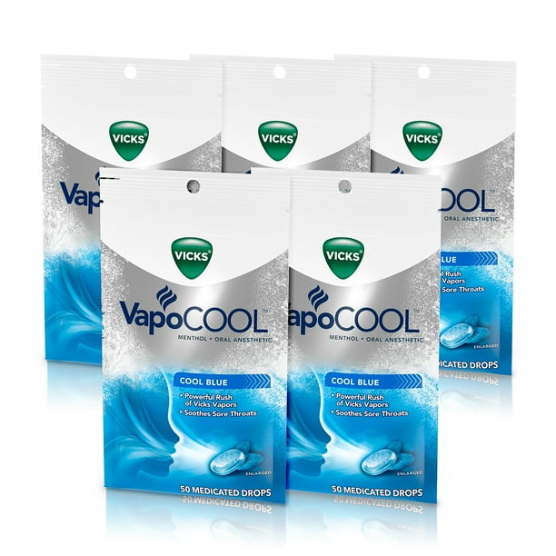 Vicks VapoCOOL Sore Throat Medicated Drops, 250 Drops, 5 Packs of 50
