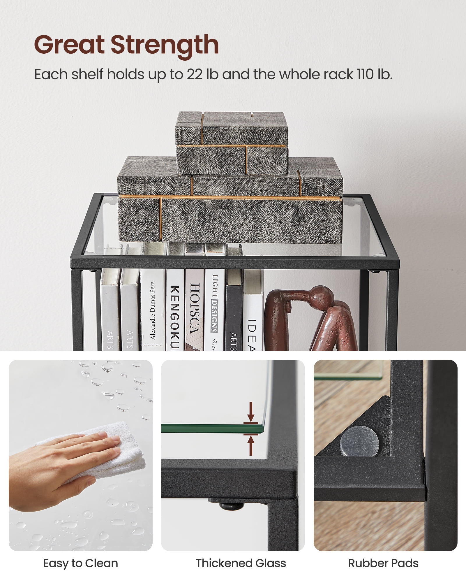 5-Tier Slim Bookshelf with Tempered Glass Shelves, Gold Steel Frame Narrow Shelving Unit, for Office Bathroom Bedroom, Ink Black