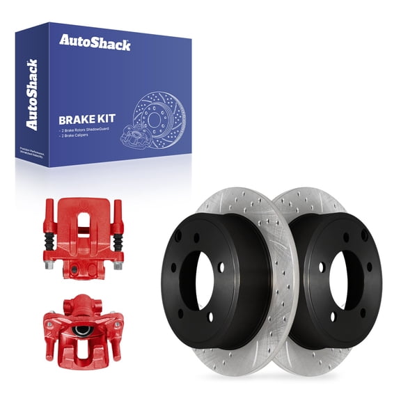 AutoShack Rear Solid Drilled & Slotted E-Coated Brake Rotors   Calipers Red 4-PC Brake Kit Replacement for 2007-2017 Jeep Patriot 2007-2017 Jeep Compass ShadowGuard 10.31" (261.8 mm)
